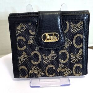 Celine Vintage Bi-fold Denim & leather Wallet With Horse & Carriage Logo